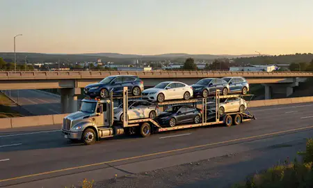 Car transporter with the Lyndonville, Vermont, United States skyline behind it