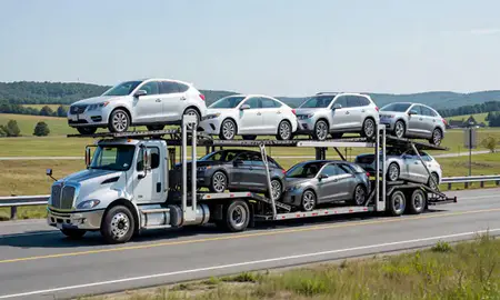 Multi-level car carrier on the highway to Manchester Center, Vermont, United States