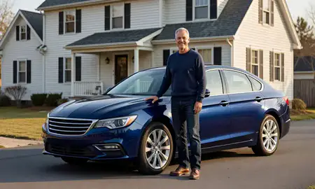 Customer with their delivered car in Manchester Center, Vermont, United States