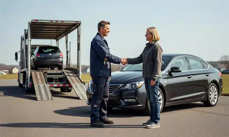 Vehicle owner beside their delivered car in Manchester Center, Vermont, United States