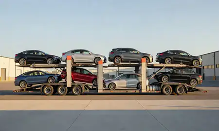 Car transporter parked in an industrial area of Manchester Center, Vermont, United States