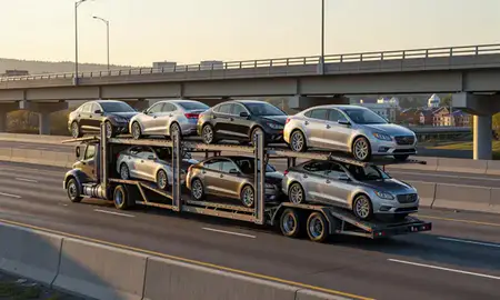 Car transporter with the Manchester Center, Vermont, United States skyline behind it