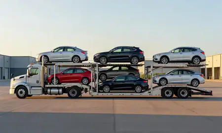 Car transporter parked in an industrial area of Montpelier, Vermont, United States