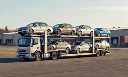 Car transporter loaded with vehicles in Montpelier, Vermont, United States