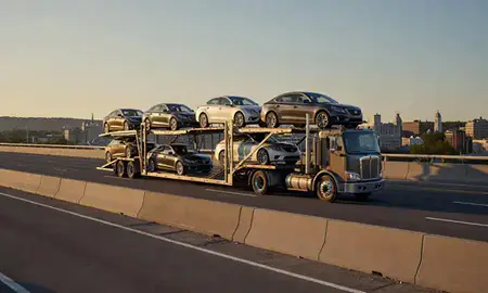 Car transporter with the Montpelier, Vermont, United States skyline behind it