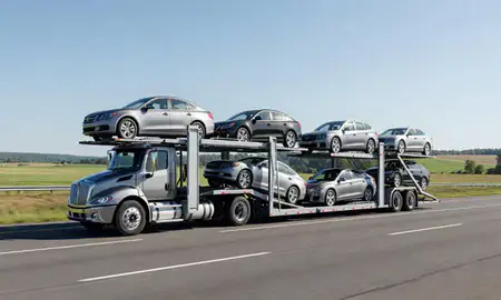 Multi-level car carrier on the highway to Morrisville, Vermont, United States