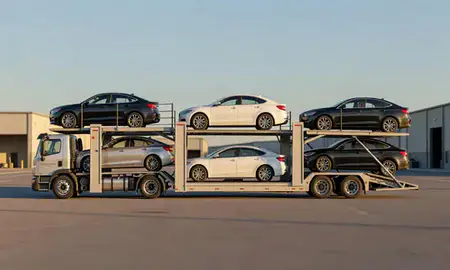 Car transporter parked in an industrial area of Morrisville, Vermont, United States