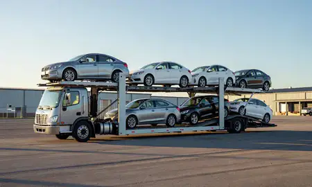 Car transporter loaded with vehicles in Morrisville, Vermont, United States