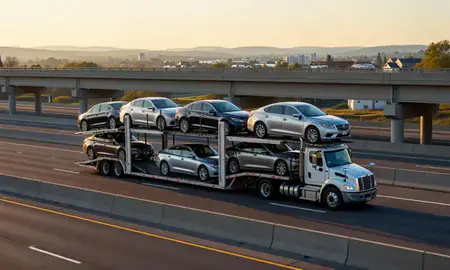 Car transporter with the Morrisville, Vermont, United States skyline behind it