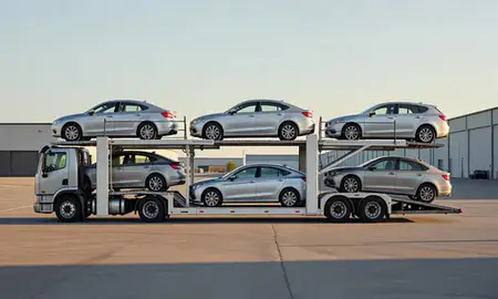Car transporter parked in an industrial area of Newport, Vermont, United States