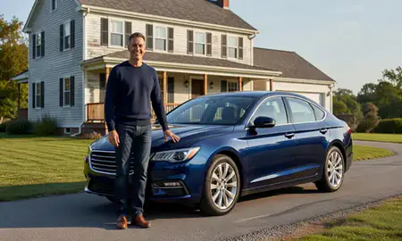Customer with their delivered car in North Bennington, Vermont, United States