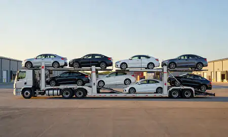 Car transporter parked in an industrial area of North Bennington, Vermont, United States