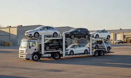 Car transporter loaded with vehicles in North Bennington, Vermont, United States