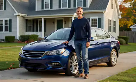 Customer with their delivered car in Orleans, Vermont, United States