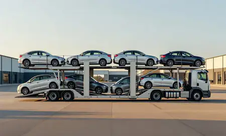 Car transporter parked in an industrial area of Orleans, Vermont, United States