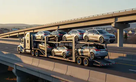Car transporter with the Orleans, Vermont, United States skyline behind it