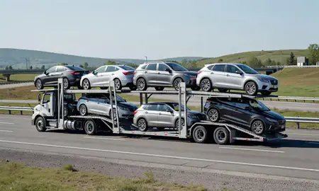 Multi-level car carrier on the highway to Proctor, Vermont, United States