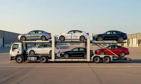 Car transporter parked in an industrial area of Proctor, Vermont, United States