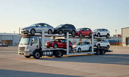 Car transporter loaded with vehicles in Proctor, Vermont, United States