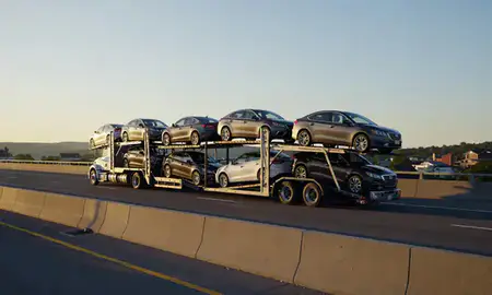 Car transporter with the Proctor, Vermont, United States skyline behind it