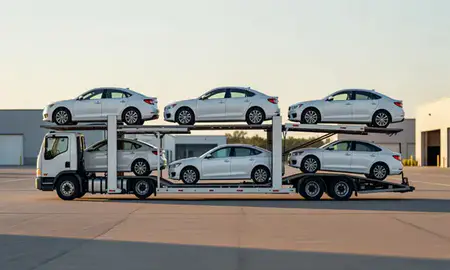 Car transporter parked in an industrial area of Rutland, Vermont, United States