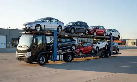 Car transporter loaded with vehicles in Rutland, Vermont, United States