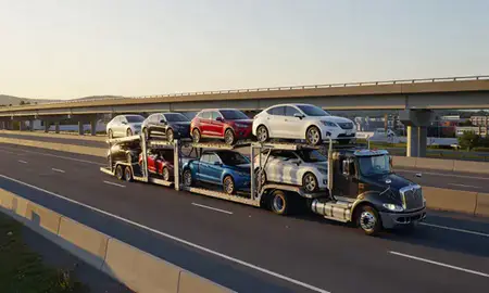 Car transporter with the Rutland, Vermont, United States skyline behind it
