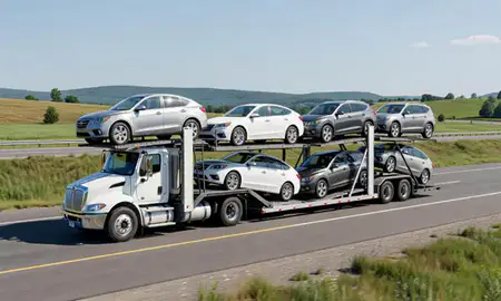 Multi-level car carrier on the highway to Saxtons River, Vermont, United States