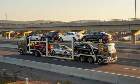 Car transporter with the Saxtons River, Vermont, United States skyline behind it