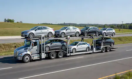 Multi-level car carrier on the highway to South Barre, Vermont, United States