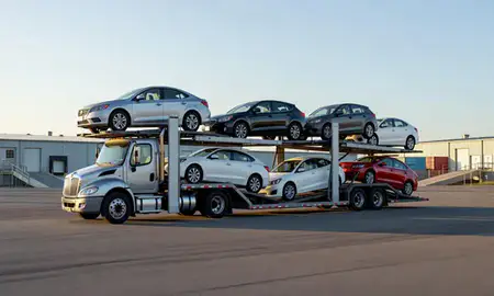 Car transporter loaded with vehicles in South Barre, Vermont, United States