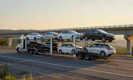 Car transporter with the South Barre, Vermont, United States skyline behind it