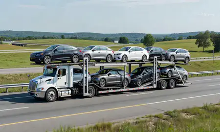 Multi-level car carrier on the highway to South Burlington, Vermont, United States