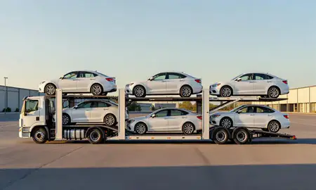 Car transporter parked in an industrial area of South Burlington, Vermont, United States