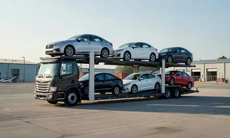 Car transporter loaded with vehicles in South Burlington, Vermont, United States