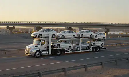 Car transporter with the South Burlington, Vermont, United States skyline behind it