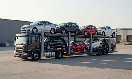 Car transporter loaded with vehicles in St. Albans, Vermont, United States