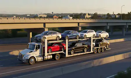 Car transporter with the St. Albans, Vermont, United States skyline behind it