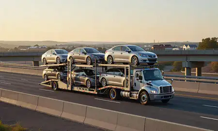 Car transporter with the Underhill Flats, Vermont, United States skyline behind it