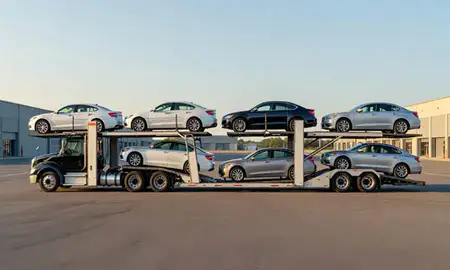 Car transporter parked in an industrial area of Vergennes, Vermont, United States