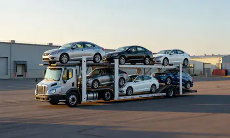 Car transporter loaded with vehicles in Vergennes, Vermont, United States