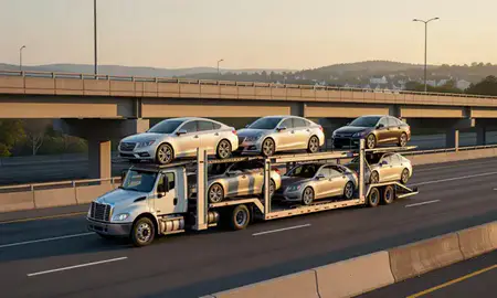 Car transporter with the Vergennes, Vermont, United States skyline behind it