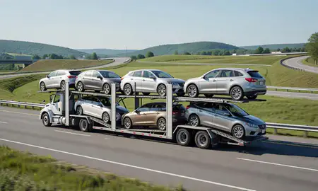 Multi-level car carrier on the highway to West Brattleboro, Vermont, United States