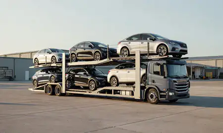 Car transporter loaded with vehicles in West Brattleboro, Vermont, United States