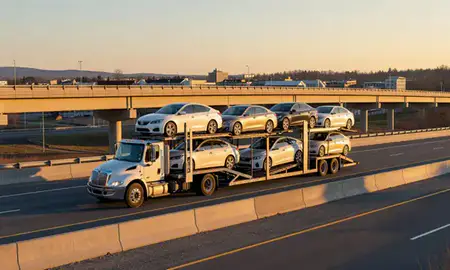 Car transporter with the West Brattleboro, Vermont, United States skyline behind it