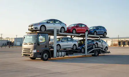 Car transporter loaded with vehicles in White River Junction, Vermont, United States