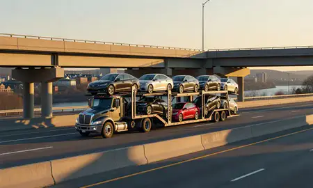 Car transporter with the White River Junction, Vermont, United States skyline behind it