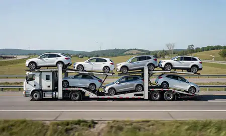 Multi-level car carrier on the highway to Wilder, Vermont, United States