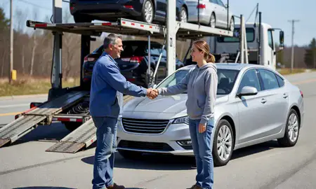 Vehicle owner beside their delivered car in Wilder, Vermont, United States