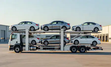 Car transporter parked in an industrial area of Wilder, Vermont, United States